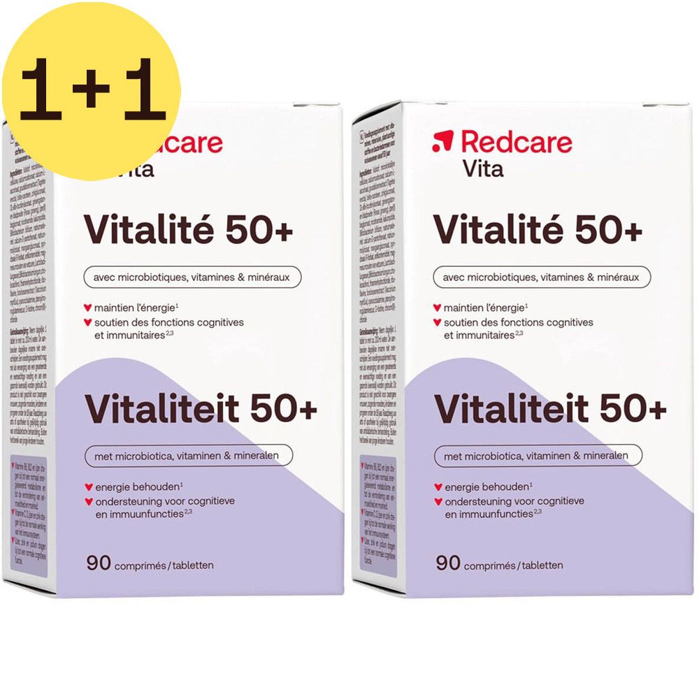 Twee dozen Redcare Vita Vitalité 50+. Witte verpakking met productnaam en details. Bevat 90 tabletten.