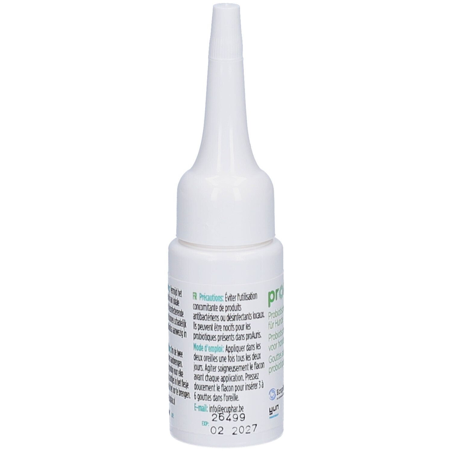 Witte fles met puntige punt. Meertalige tekst. Opdruk: proAuris, 02 2027.