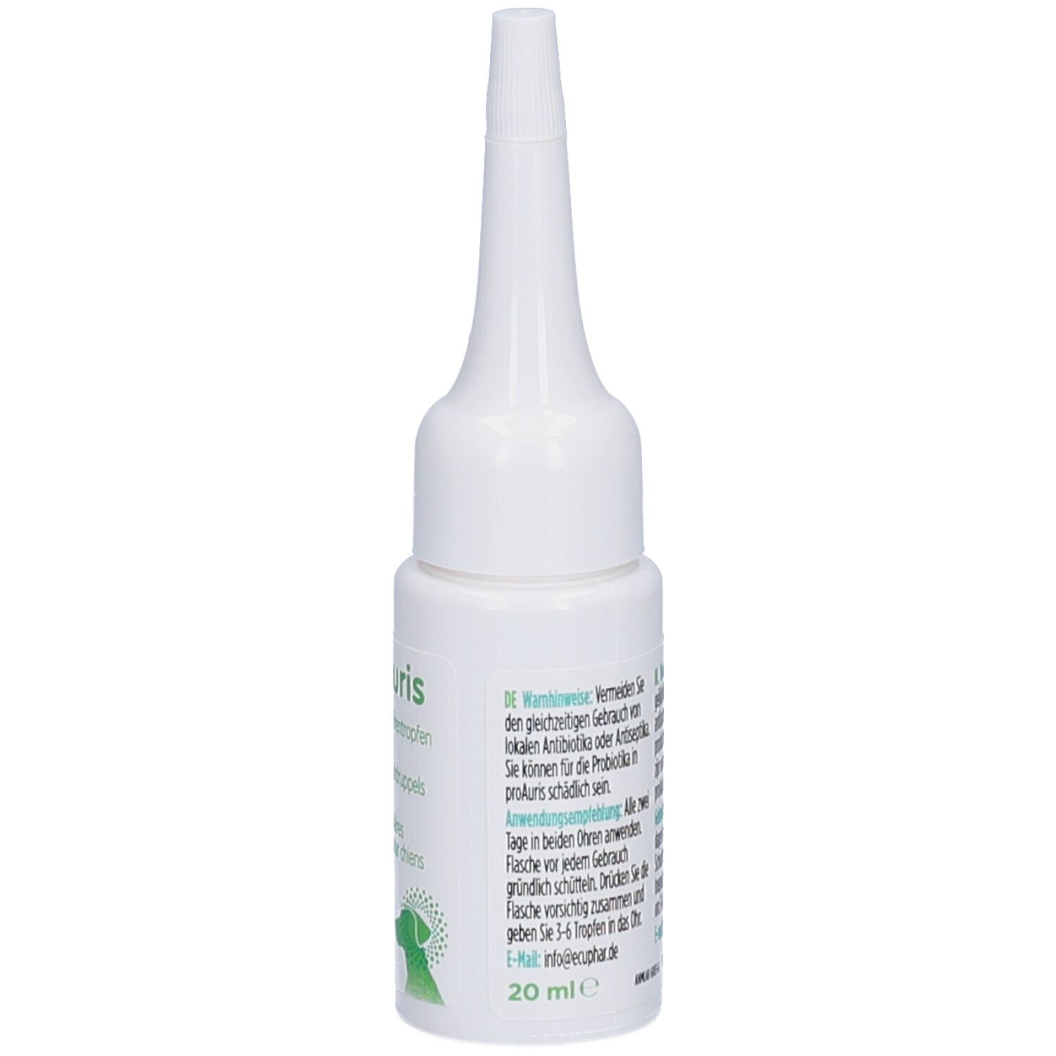 Witte fles met puntige punt. Meertalige tekst. Opdruk: proAuris, 20 ml.
