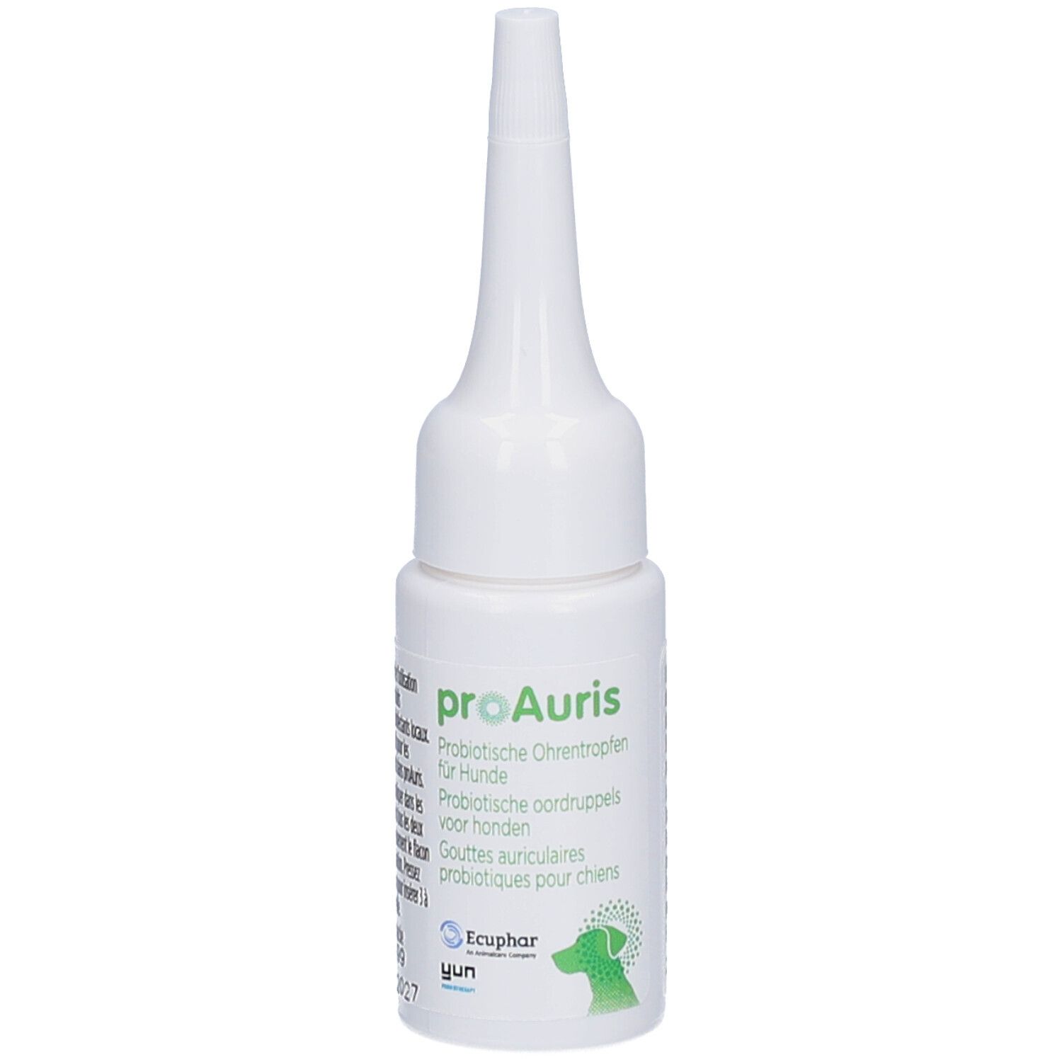 Witte fles met puntige punt. Opdruk: proAuris, oordruppels voor honden.