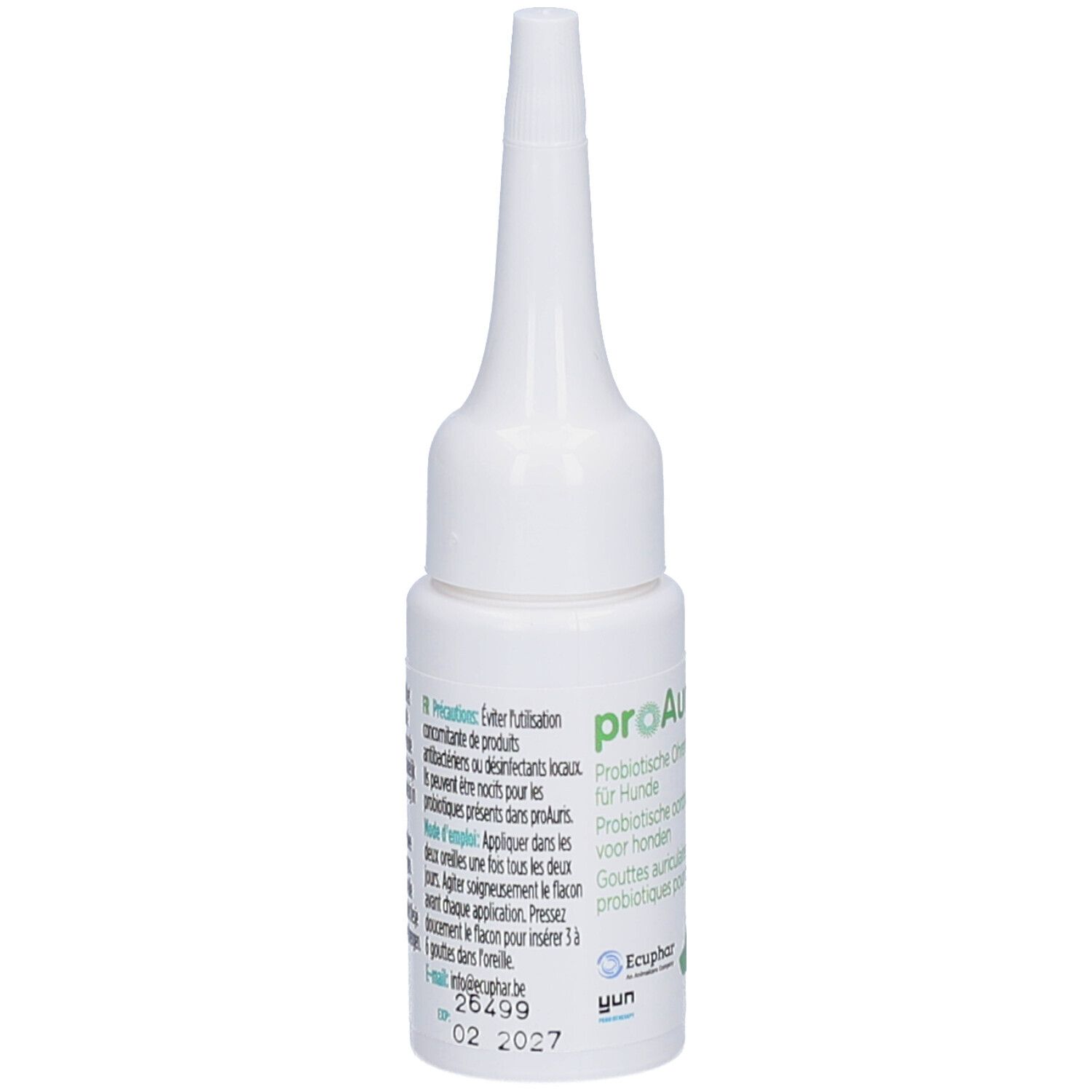 Witte fles met puntige punt. Meertalige tekst. Opdruk: proAuris, 02 2027.