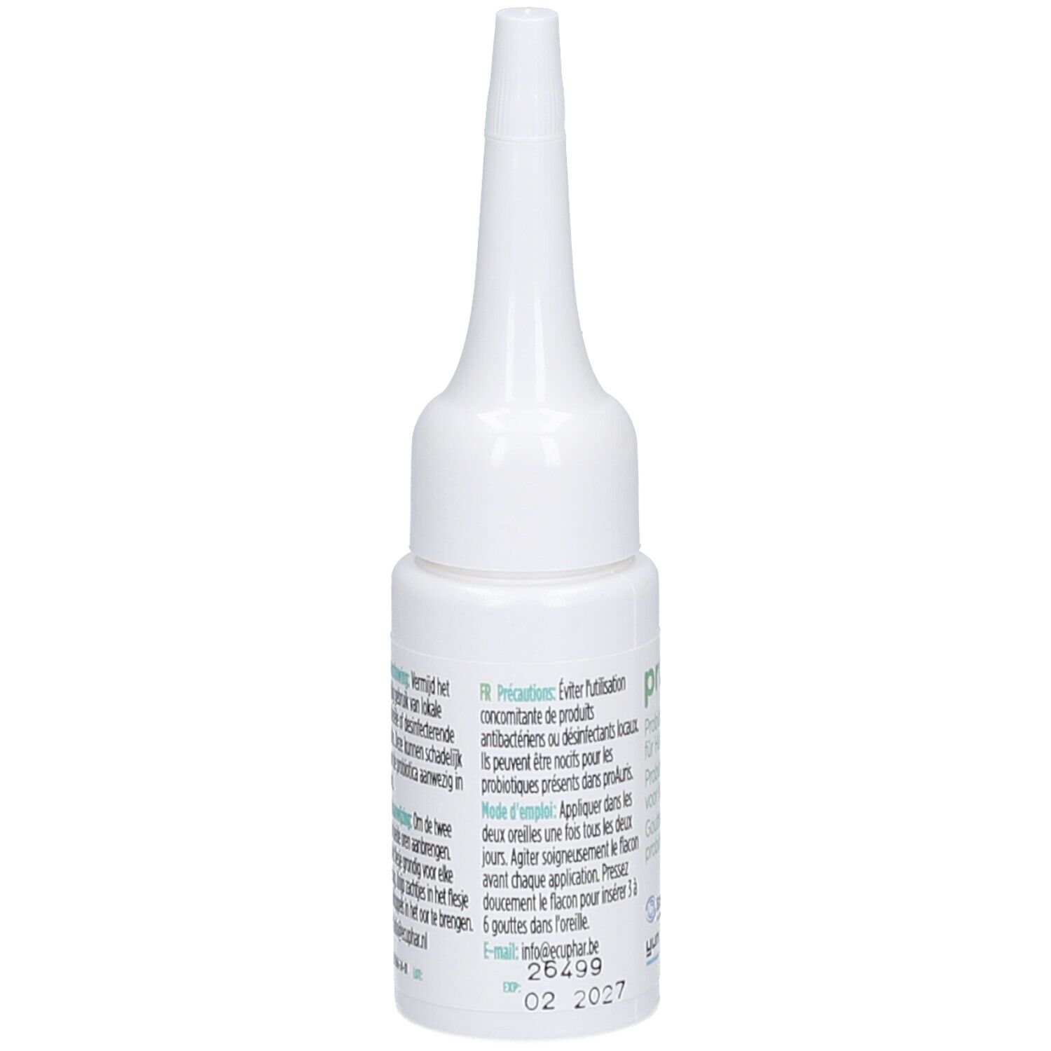 Witte fles met puntige punt. Meertalige tekst. Opdruk: proAuris, 02 2027.
