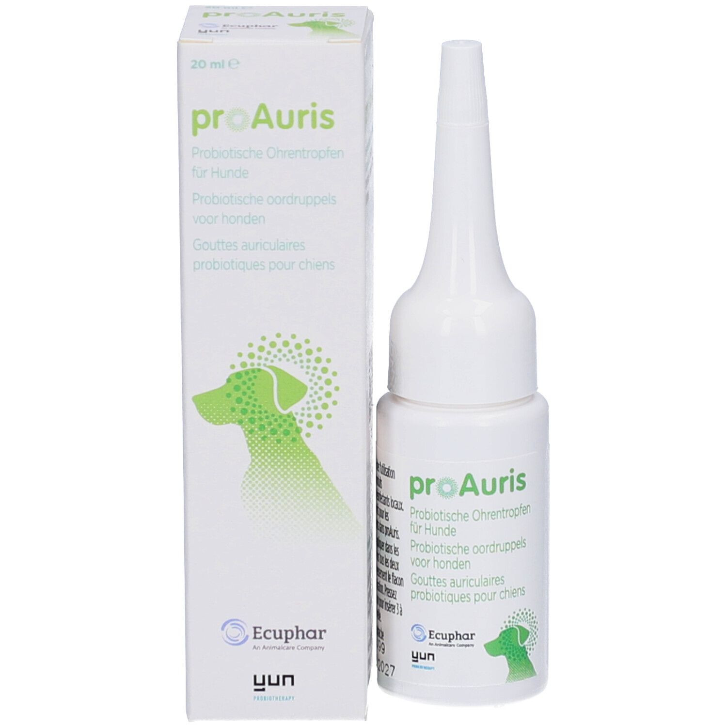 Productfles en verpakking. Opdruk: proAuris, oordruppels voor honden, 20 ml.