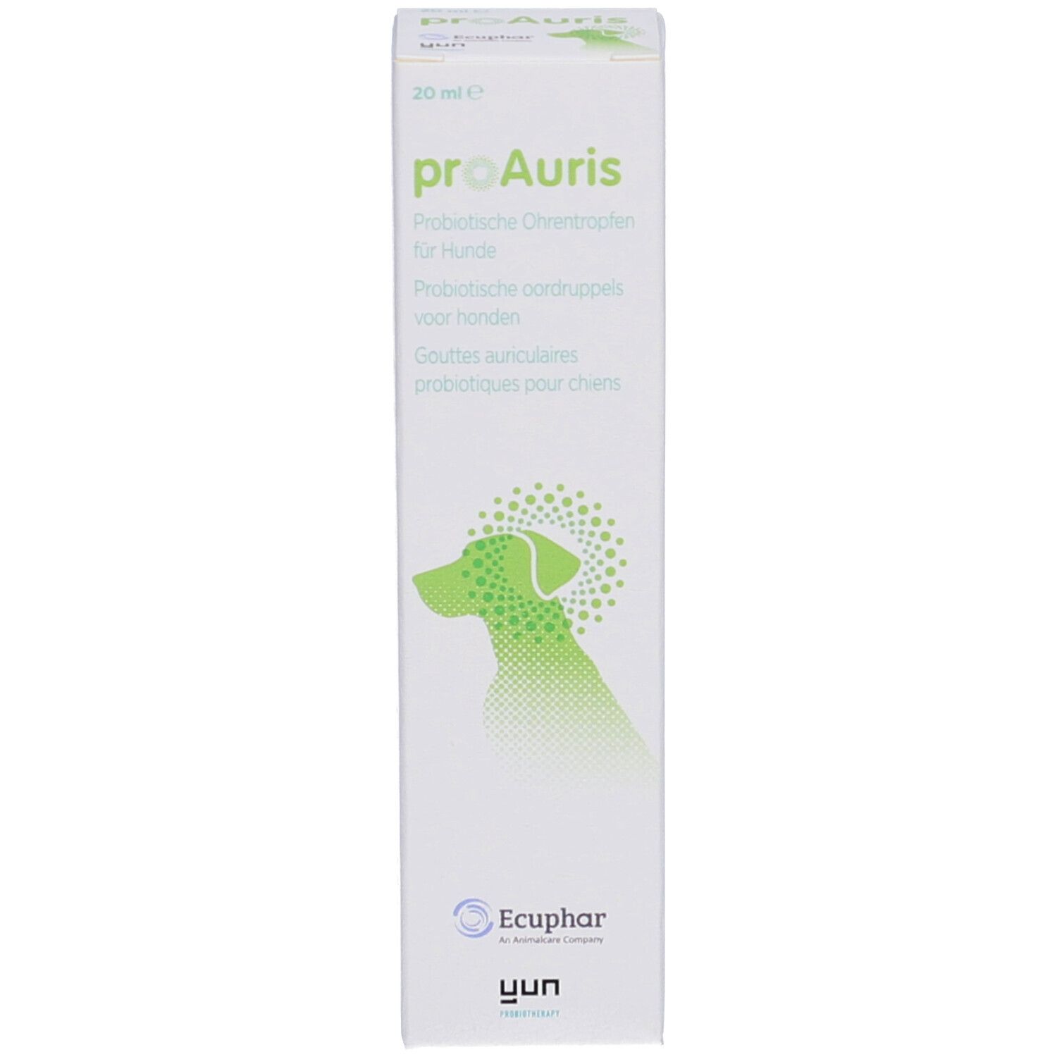 Productverpakking. Opdruk: proAuris, oordruppels voor honden, 20 ml.