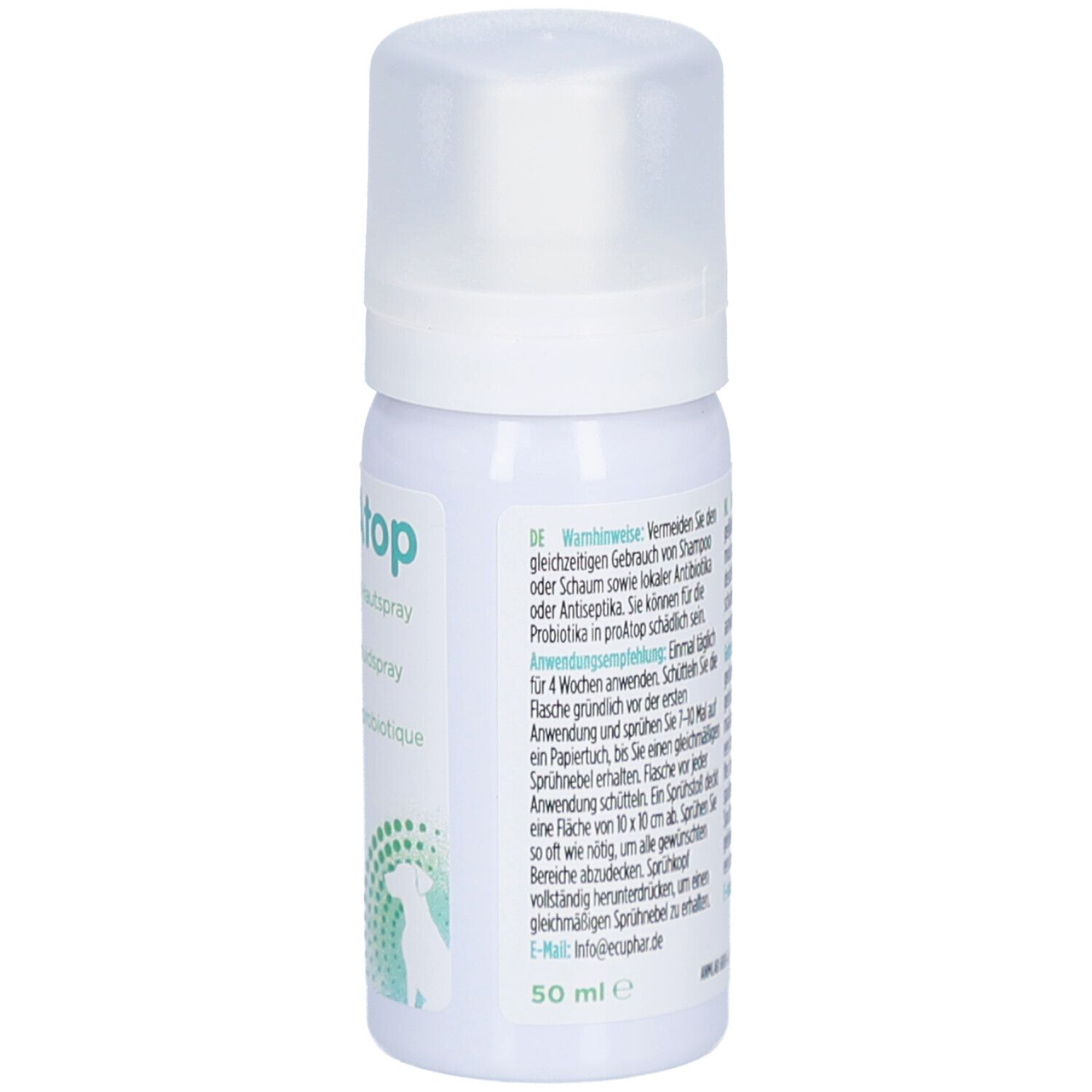 Witte spuitfles met dop. Tekst in het Duits. Bevat productinformatie en waarschuwingen. 50 ml.