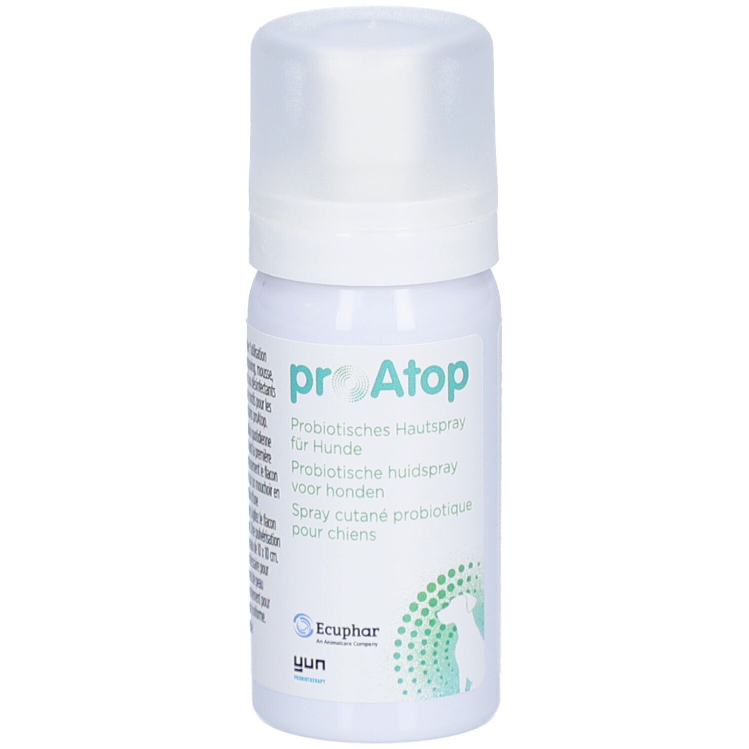 Witte spuitfles met dop. Productnaam: proAtop. Tekst in het Duits, Nederlands en Frans. Logo.