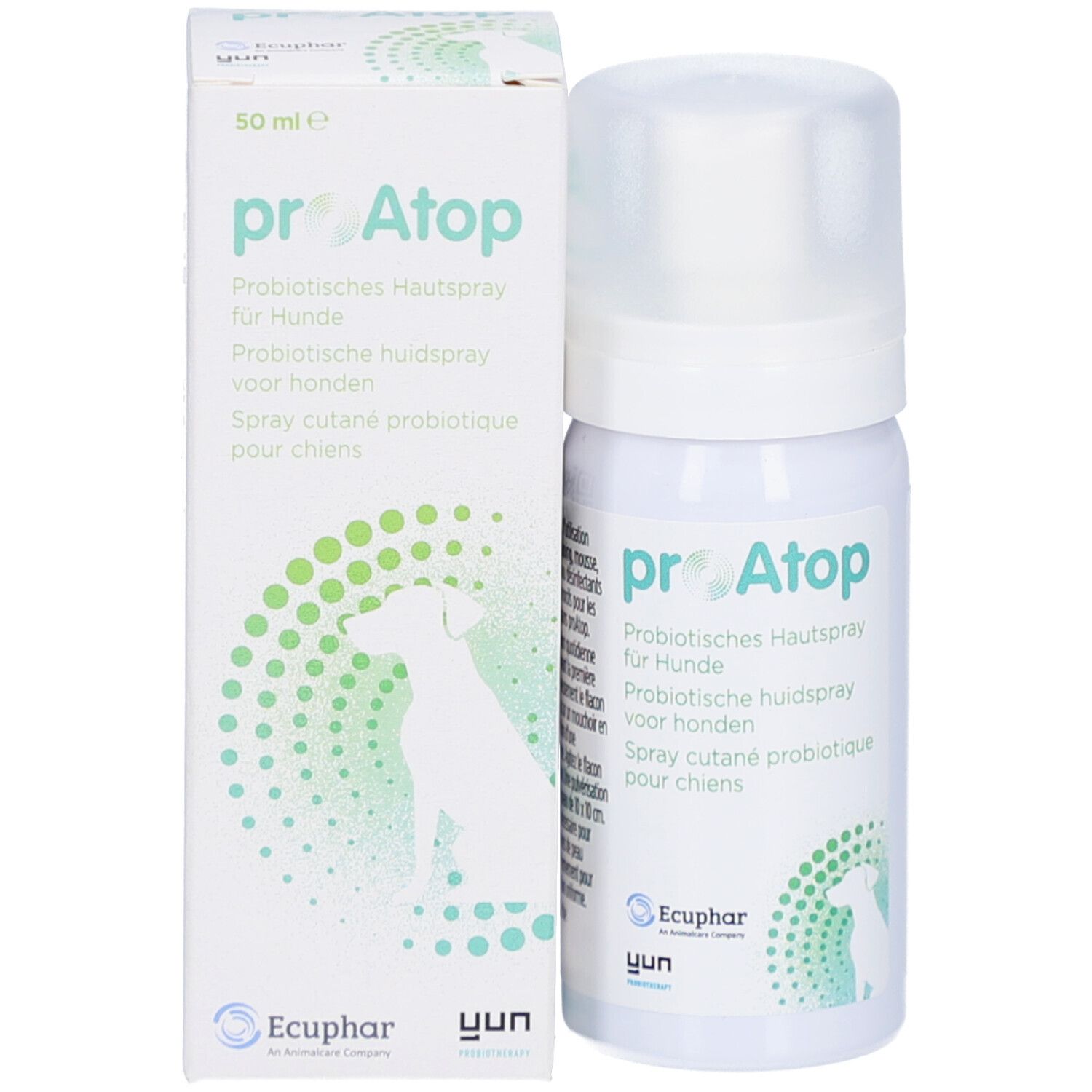 Productverpakking: doos en spuitfles. Doos met productnaam proAtop. 50 ml. Logo.