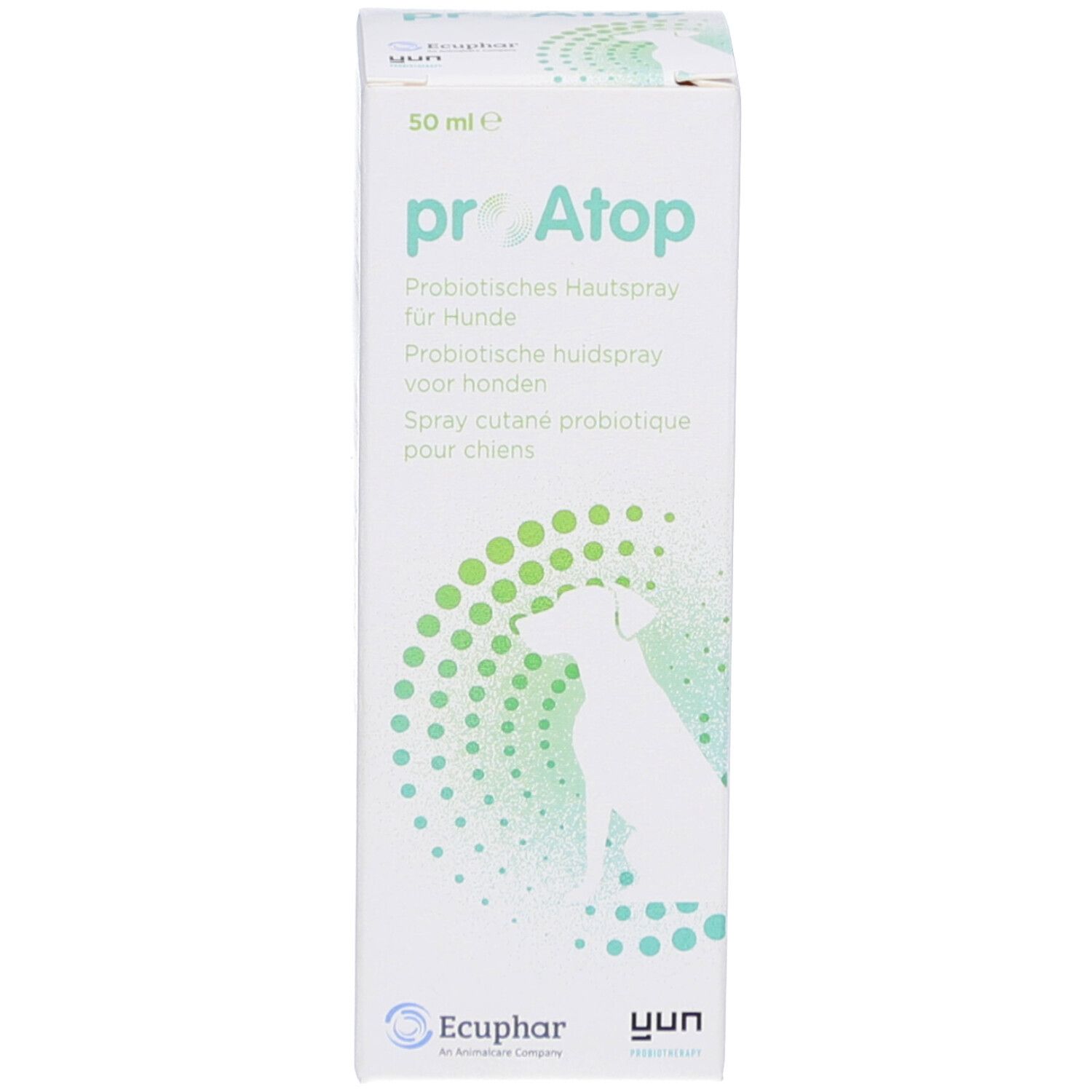 Productverpakking: doos. Productnaam proAtop. Tekst in het Duits, Nederlands en Frans. 50 ml.
