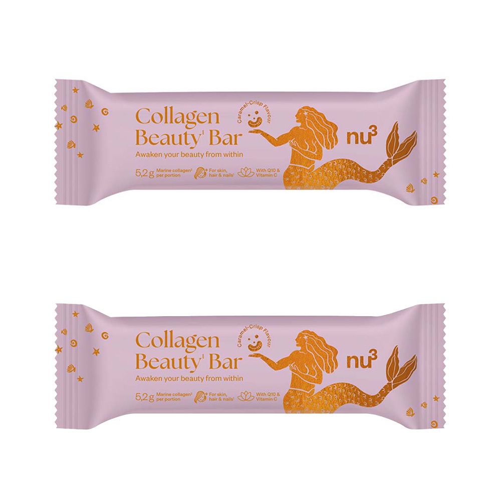 Deux barres Collagen Beauty Bar, emballage rose, inscription 'Collagen Beauty Bar' et illustration de sirène.