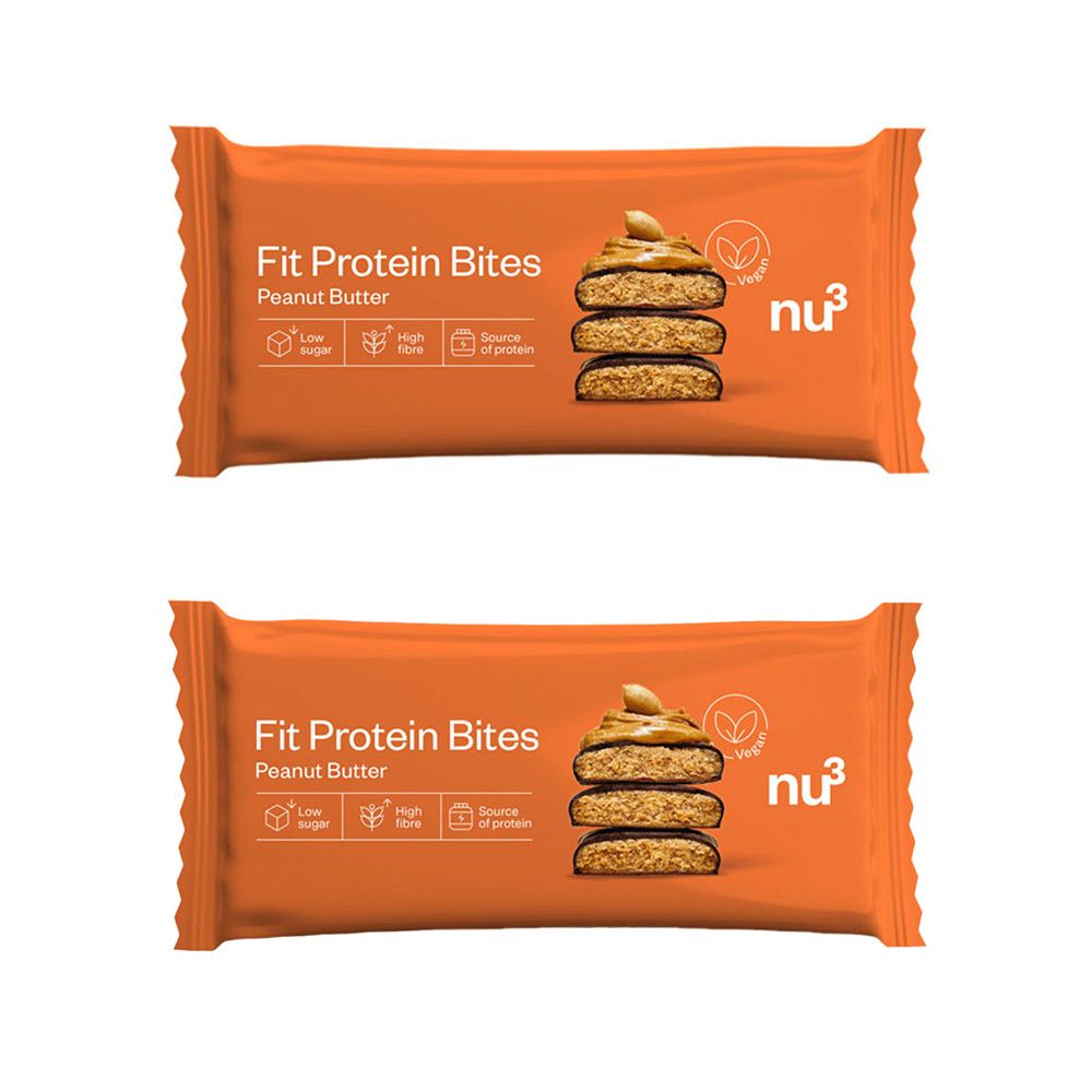 Deux emballages orange de barres protéinées. Nom du produit et illustration. Label vegan et logo nu3.