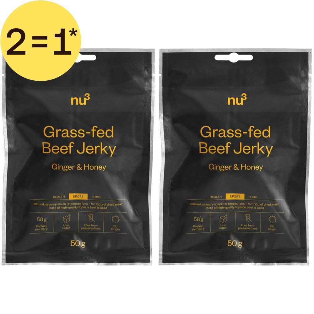Twee pakken nu3 Beef Jerky Gember-Honing met 2=1* sticker.