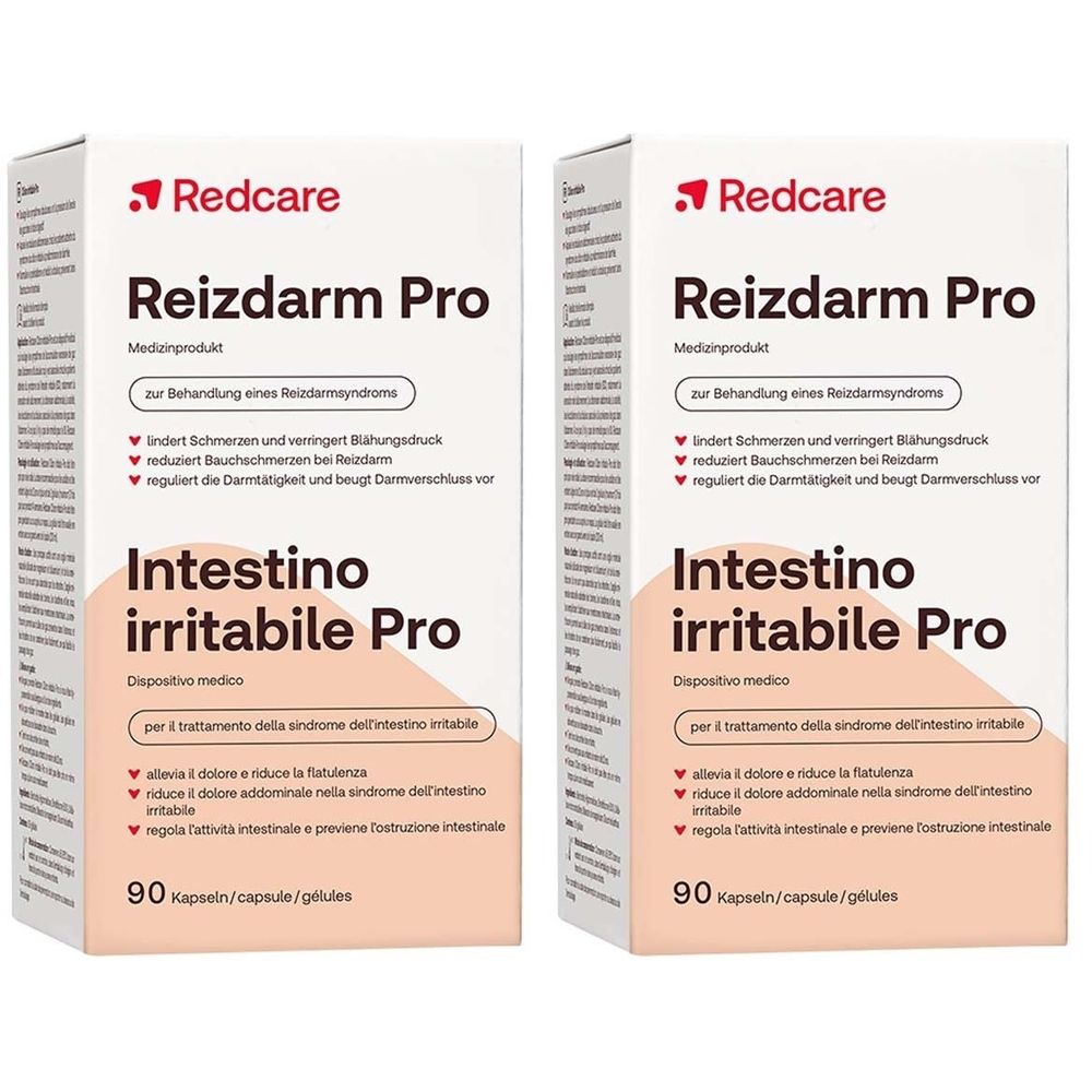 Twee dozen Redcare Reizdarm Pro met 1+1 aanbieding. Witte dozen met rood logo en productinfo. 90 capsules.