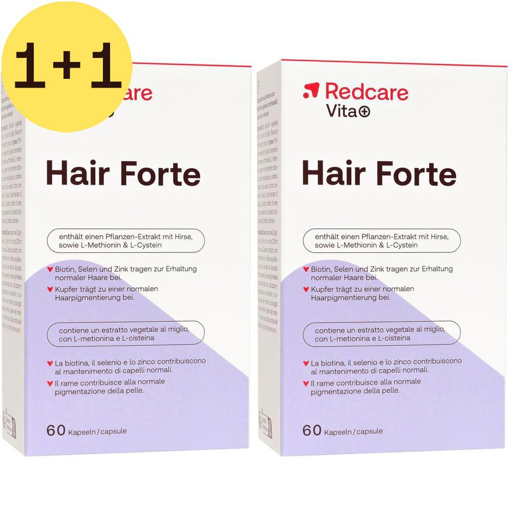 Twee dozen Redcare Vita+ Hair Forte met 1+1 aanbieding. Witte dozen met naam en info. 60 capsules.