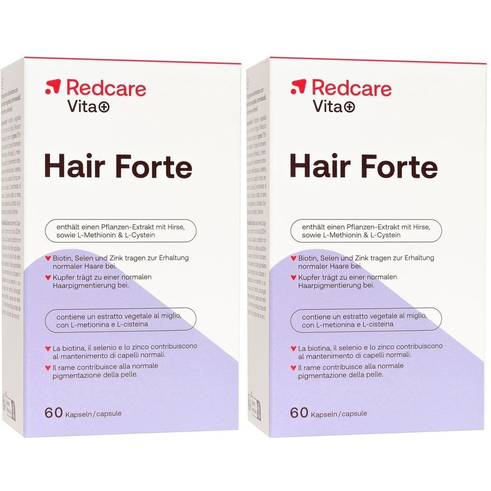 Twee dozen Redcare Vita+ Hair Forte. Witte verpakking met rood logo en productnaam. Bevat 60 capsules.
