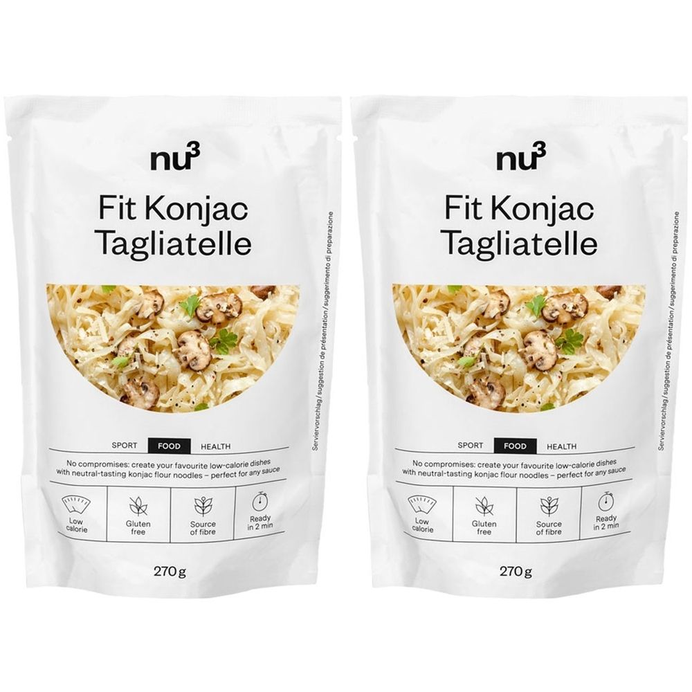 Twee zakken nu3 Fit Konjac Tagliatelle. Opdruk: productafbeelding, tekst, voedingswaarde, 270g.