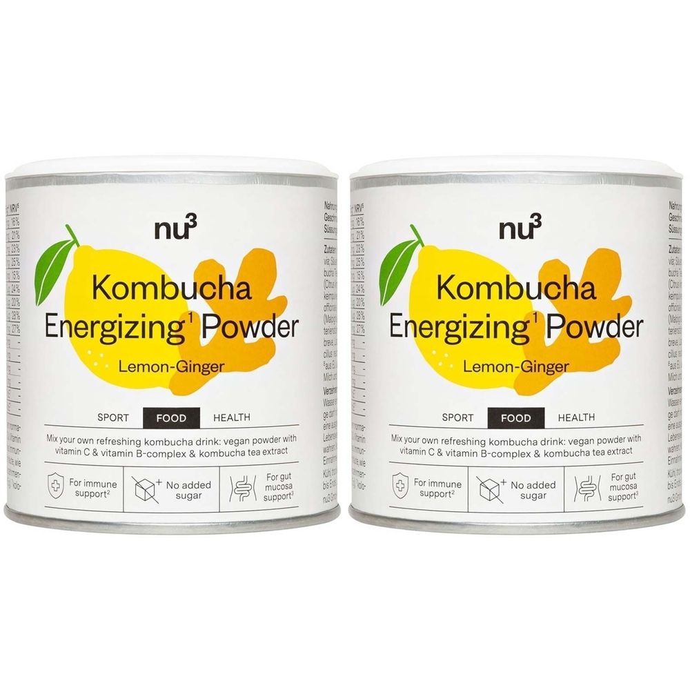 Twee blikken nu3 Kombucha Energizing Powder. Opschrift: Citroen-Gember. Met logo, teksten en illustraties.