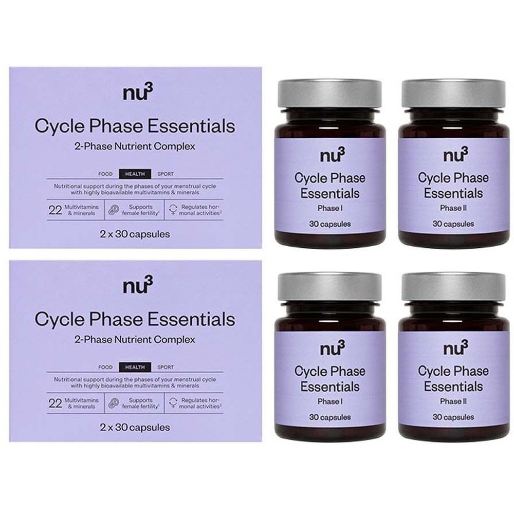 Twee dozen en vier flessen capsules. Opschrift: nu3 Cycle Phase Essentials. 2 x 30 capsules. 2-fasen voedingscomplex.