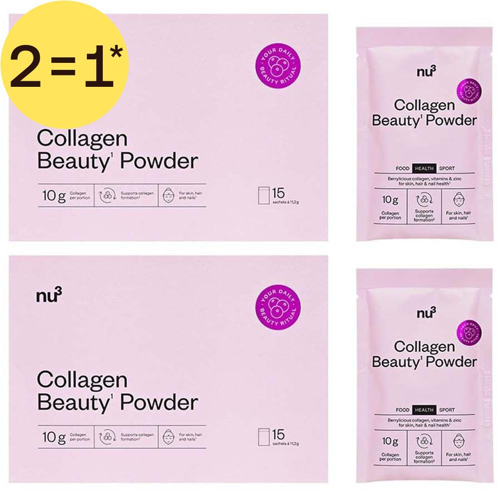 Twee pakken en twee zakjes nu3 Collagen Beauty Powder, met "2=1"-sticker.