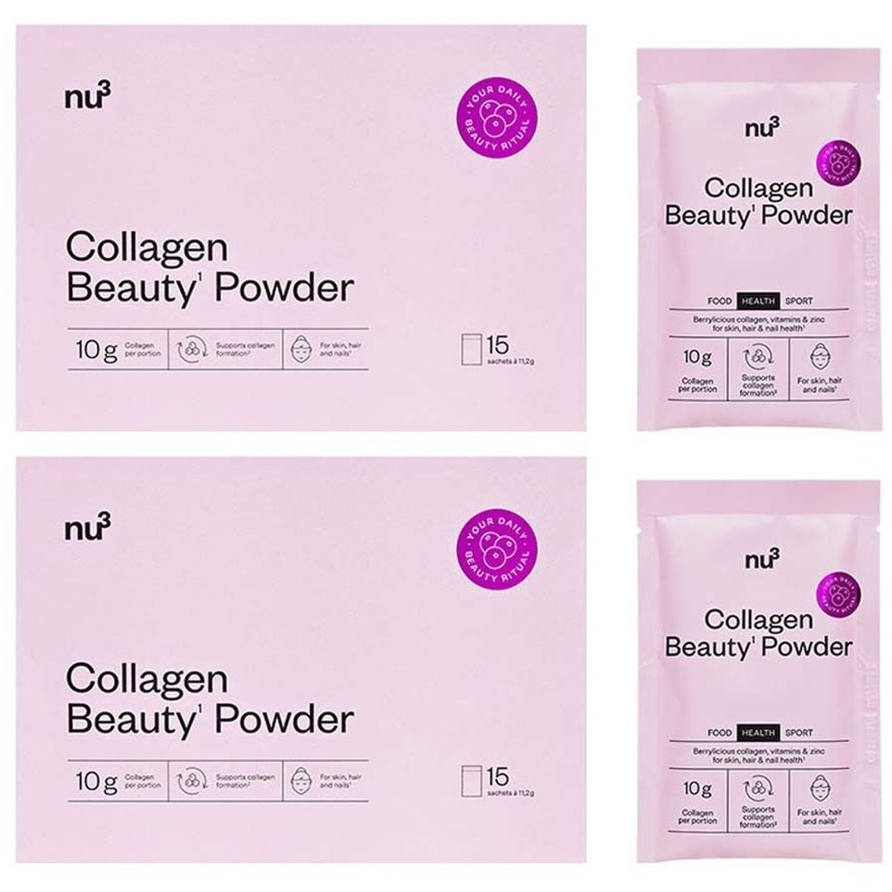 Roze verpakking "nu3 Collagen Beauty' Powder". 15 zakjes. Opschriften: 10g per portie, voor huid, haar & nagels.