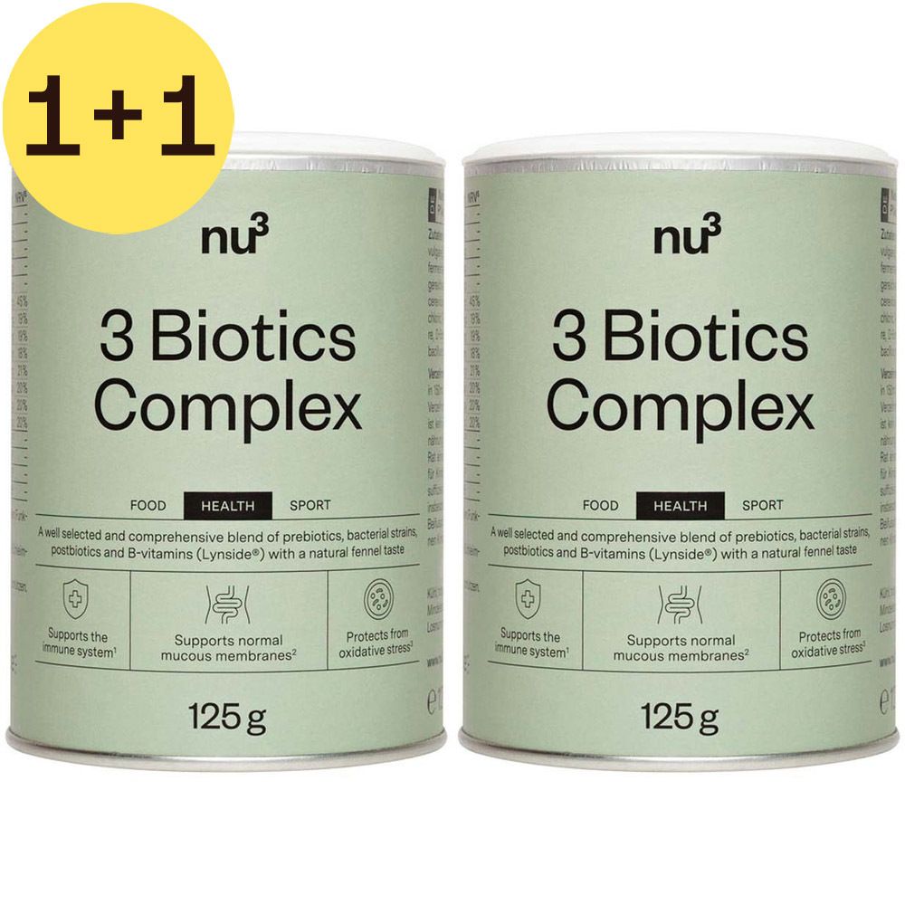 Twee potten nu3 3 Biotics Complex met 1+1 sticker. Opschrift: 3 Biotics Complex, 125g. Logo's: Food, Health, Sport. Ondersteunt immuunsysteem, slijmvliezen, oxidatieve stress.