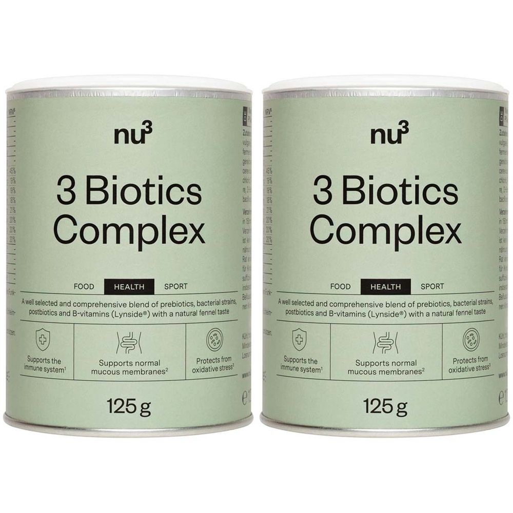 Twee potten nu3 3 Biotics Complex. Opschrift: 3 Biotics Complex, 125g. Logo's: Food, Health, Sport. Ondersteunt immuunsysteem, slijmvliezen, oxidatieve stress.