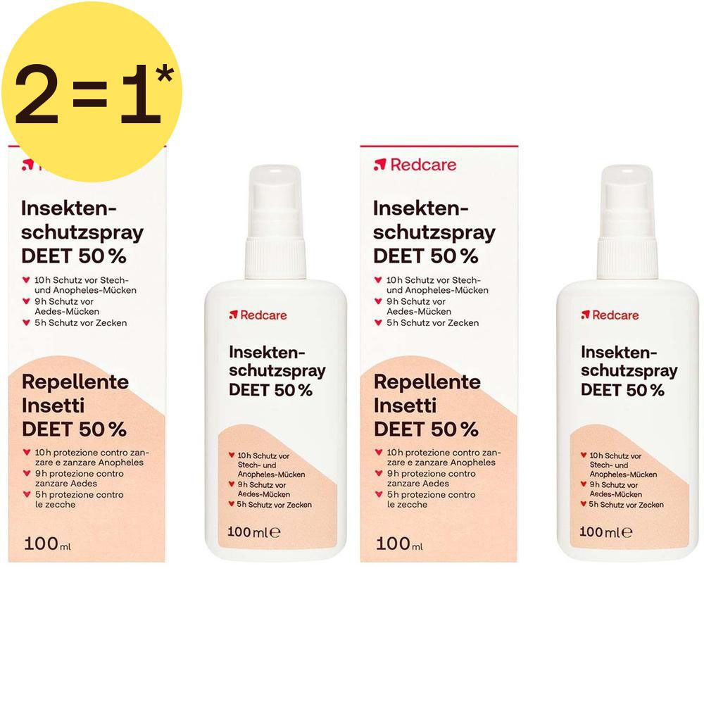 Drie flessen Redcare insectenspray DEET 50% met dozen. Elke fles bevat 100ml.