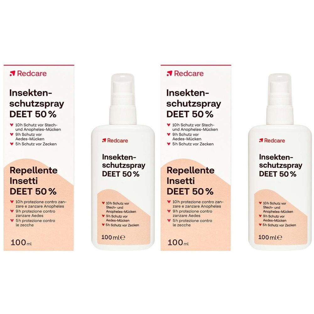 Drie flessen insectenspray met rode en witte verpakking. Opschrift: Redcare Insektenschutzspray DEET 50%.