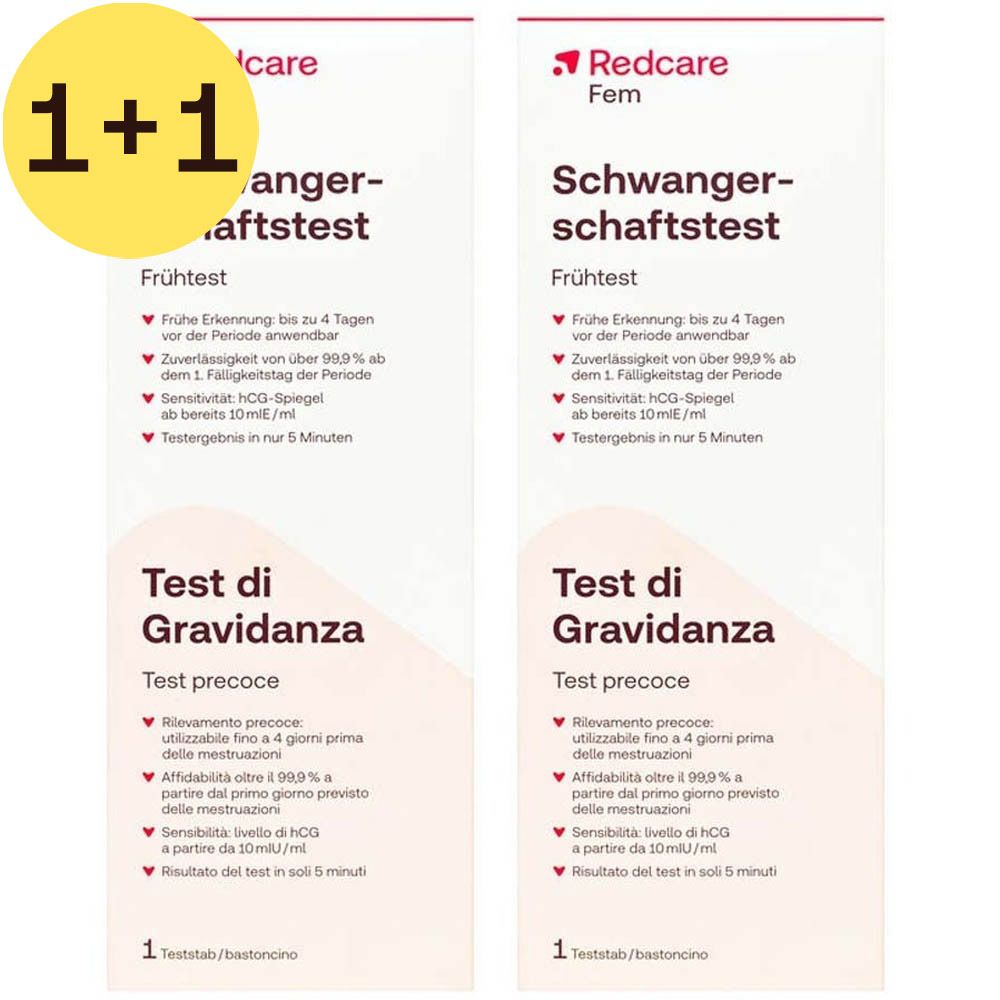 Twee verpakkingen zwangerschapstest, wit met rode tekst. Logo Redcare Fem linksboven. Gele cirkel met 1+1. Tekst: Schwangerschaftstest, Test di Gravidanza.