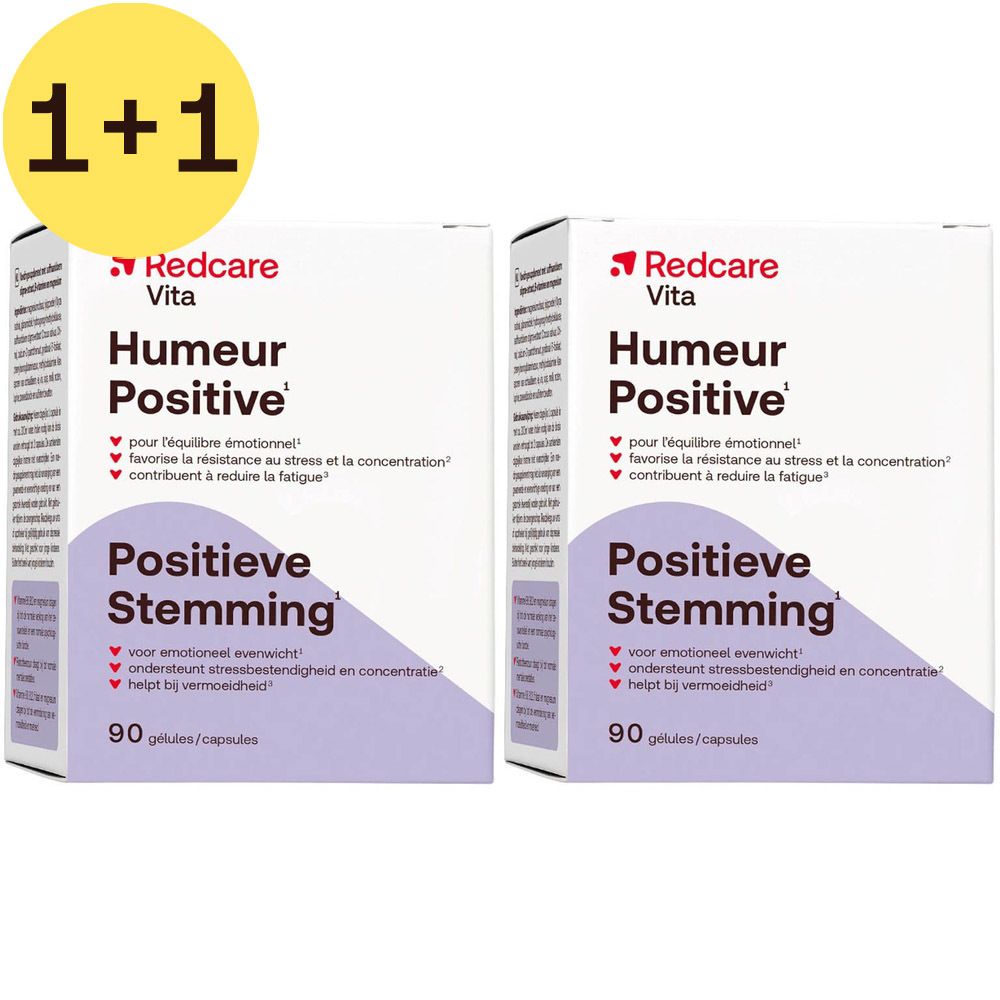 Deux boîtes de Redcare Vita Humour Positive, 90 gélules. Boîtes blanches avec accents violets et informations produit.