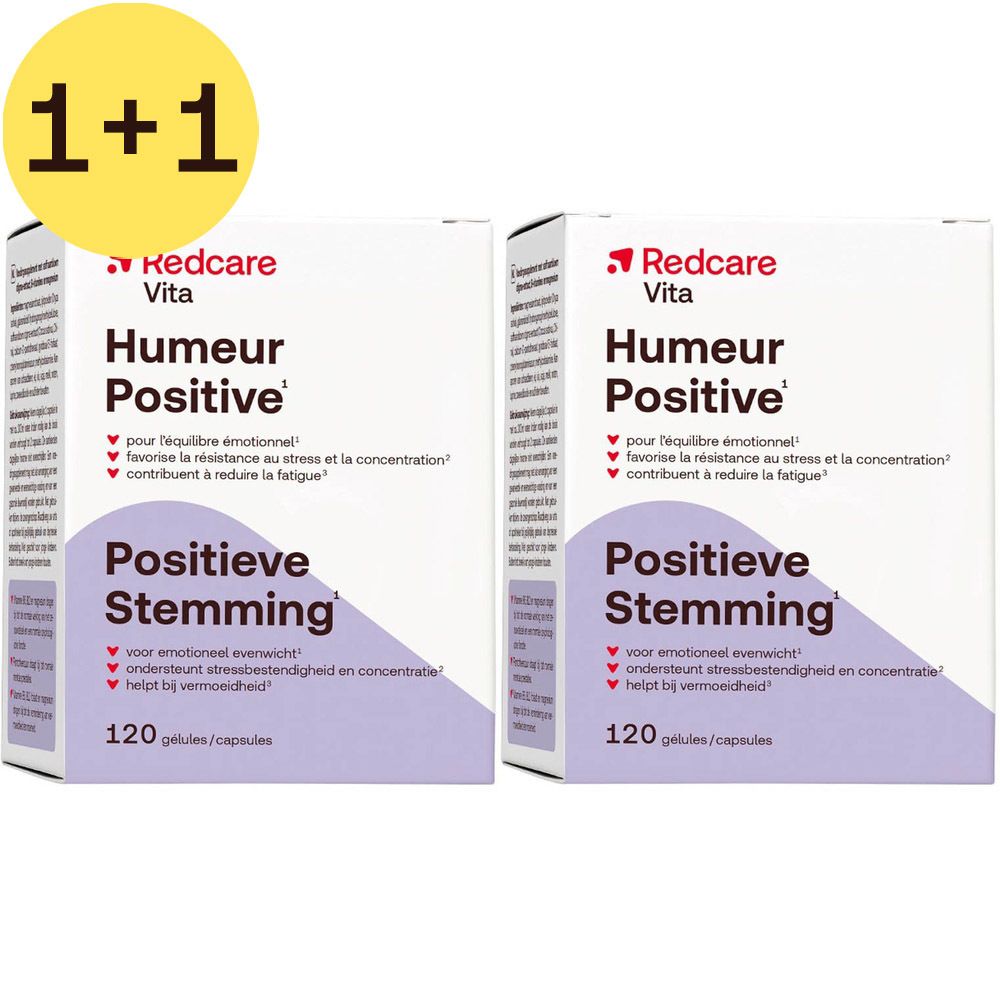 Deux boîtes de gélules Redcare Vita. Inscription : Humour Positive, Positieve Stemming. 120 gélules.