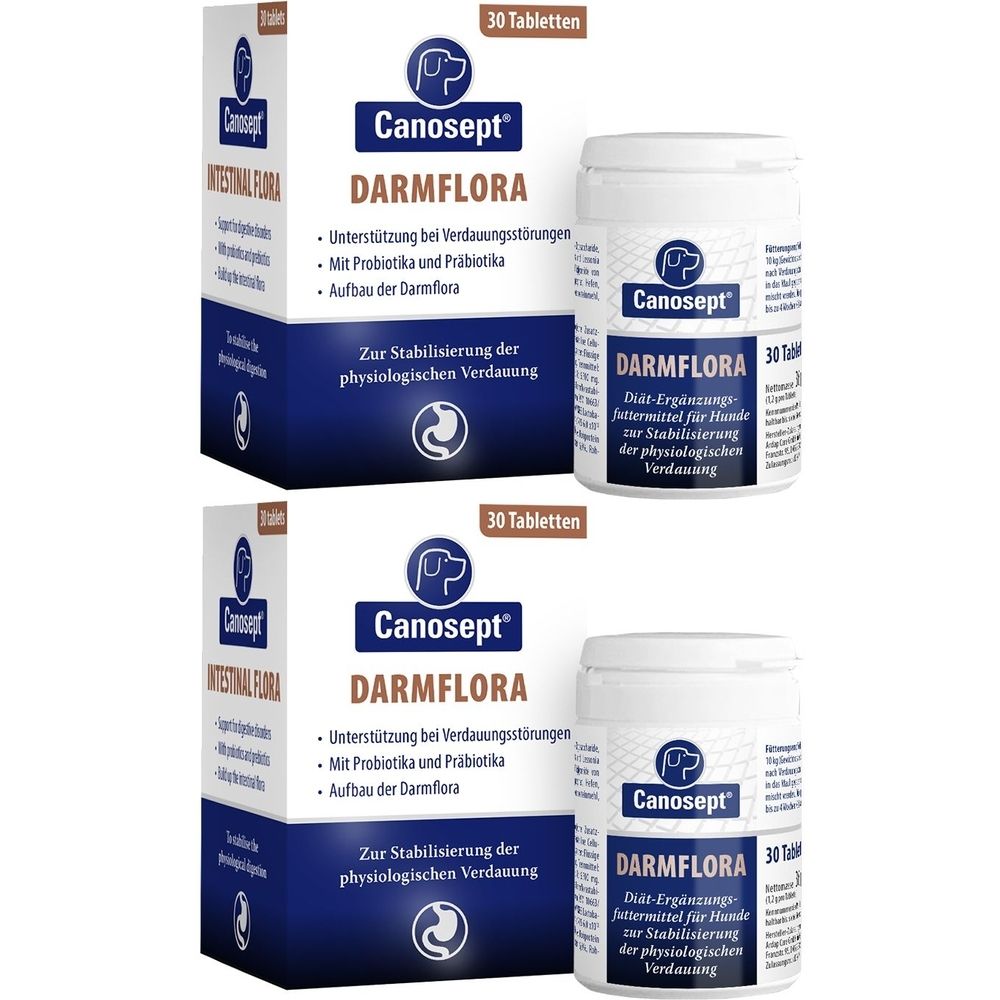 Deux boîtes et deux flacons de Canosept Darmflora Tabletten. Inscription : Darmflora, 30 comprimés. Emballage bleu et blanc.