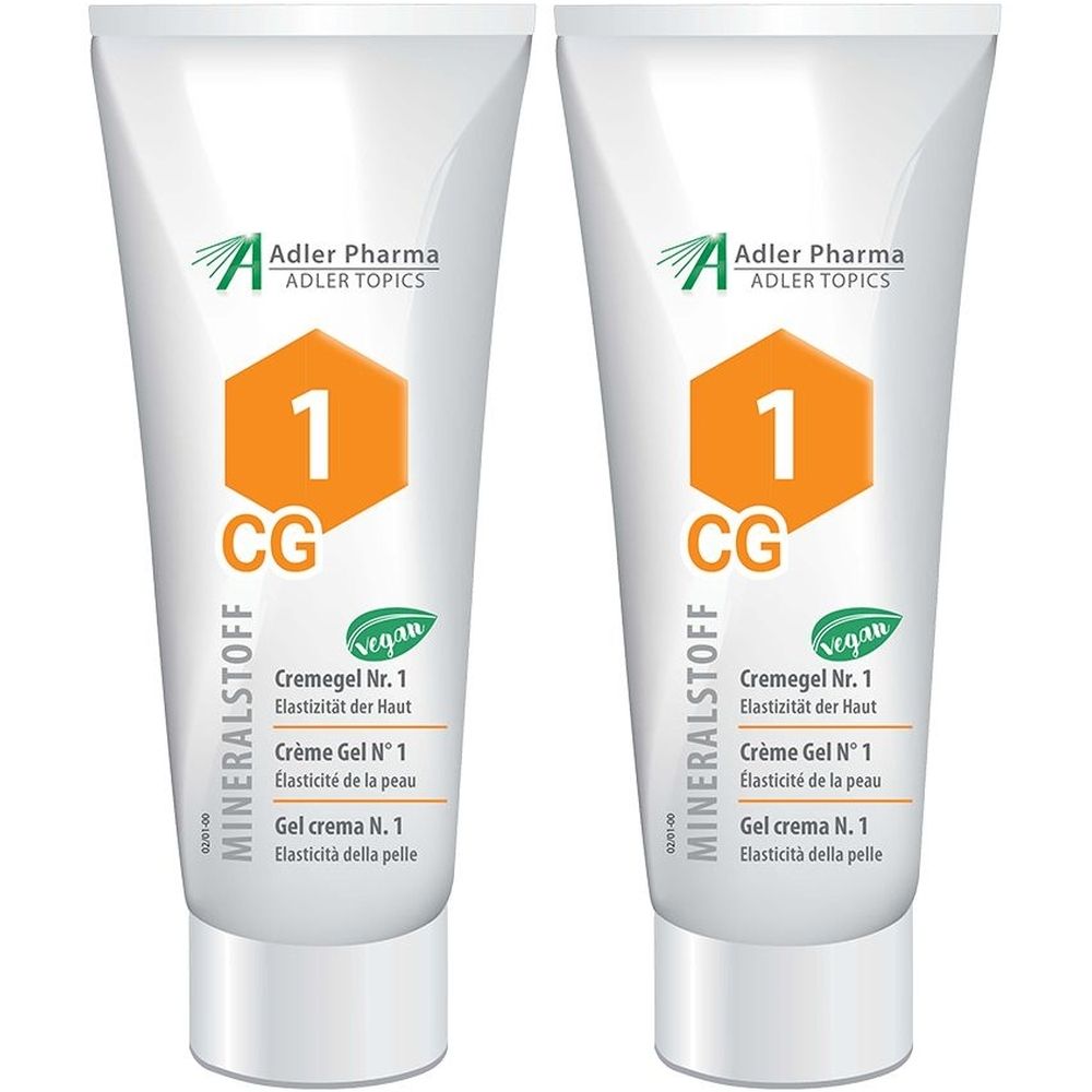 Twee tubes Cremegel Nr. 1. Wit, met oranje zeshoek en tekst. Merk: Adler Pharma.