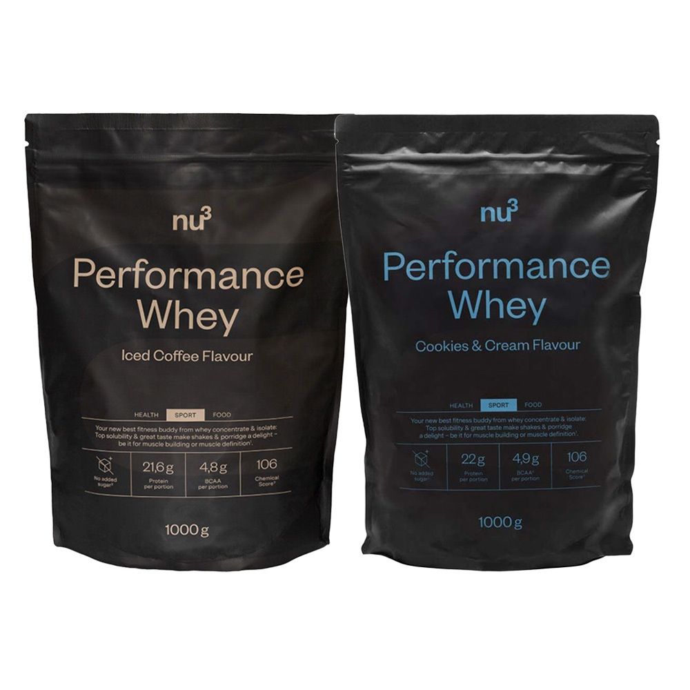 Deux paquets de nu3 Performance Whey. À gauche : Iced Coffee, à droite : Cookies & Cream. Informations nutritionnelles et 1000g.