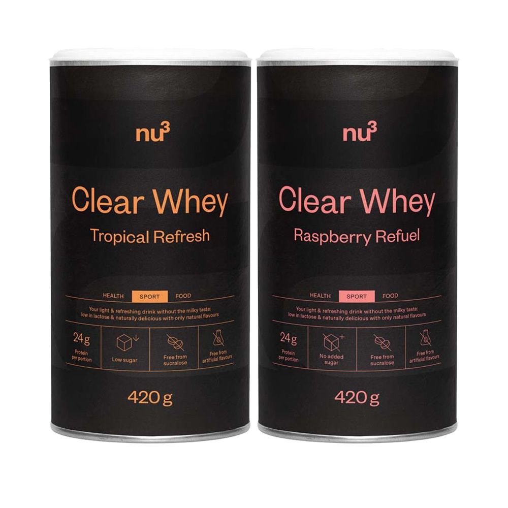 Twee blikken nu3 Clear Whey. Links: Tropical Refresh, rechts: Raspberry Refuel. Logo, productnaam en voedingsinformatie.