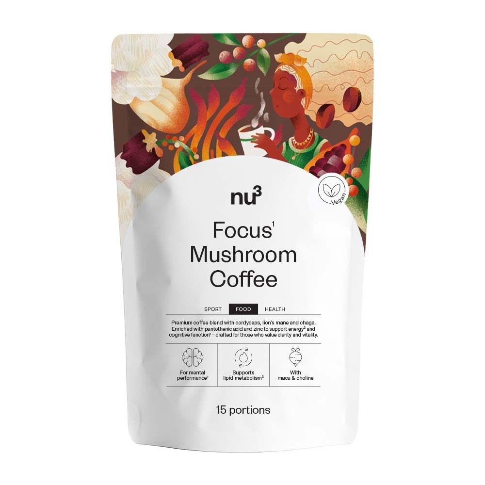 Zakje nu3 Focus Mushroom Coffee. Wit met logo en productnaam. Vegan keurmerk.