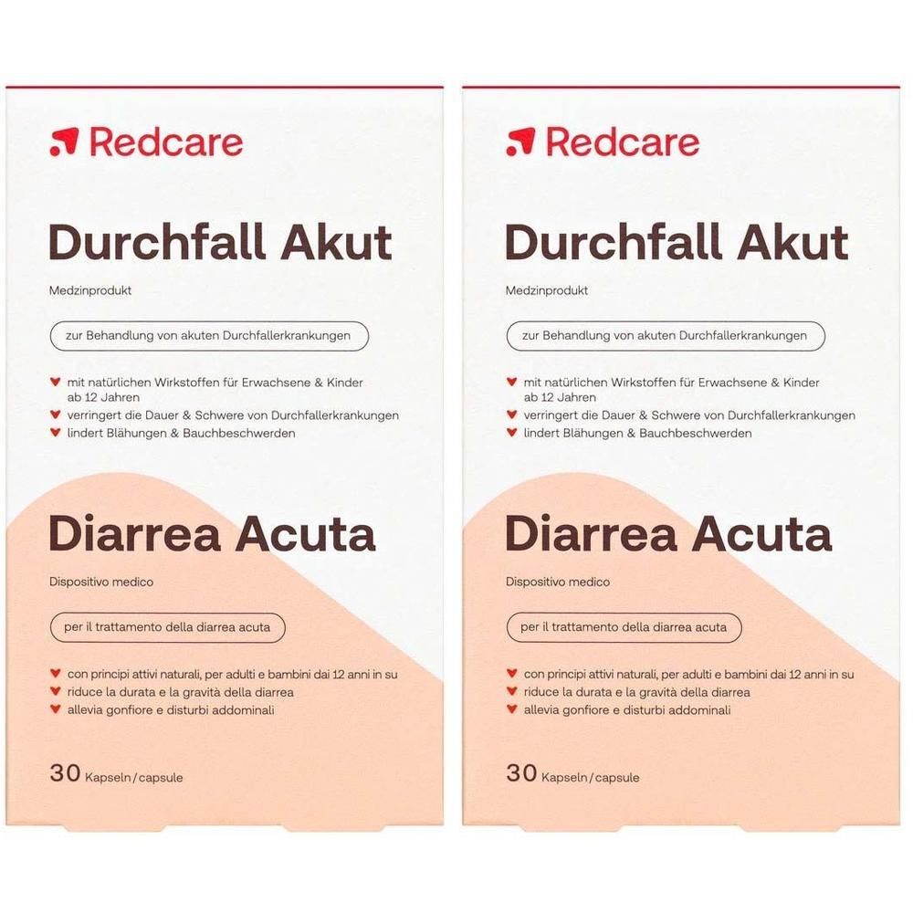 Deux boîtes de capsules Redcare Diarrhée Aiguë, 30 capsules par boîte.