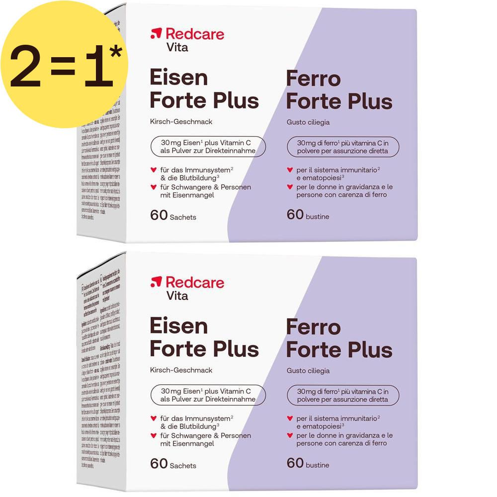 Deux boîtes de Redcare Vita Eisen Forte Plus, 60 sachets chacune. Goût cerise.