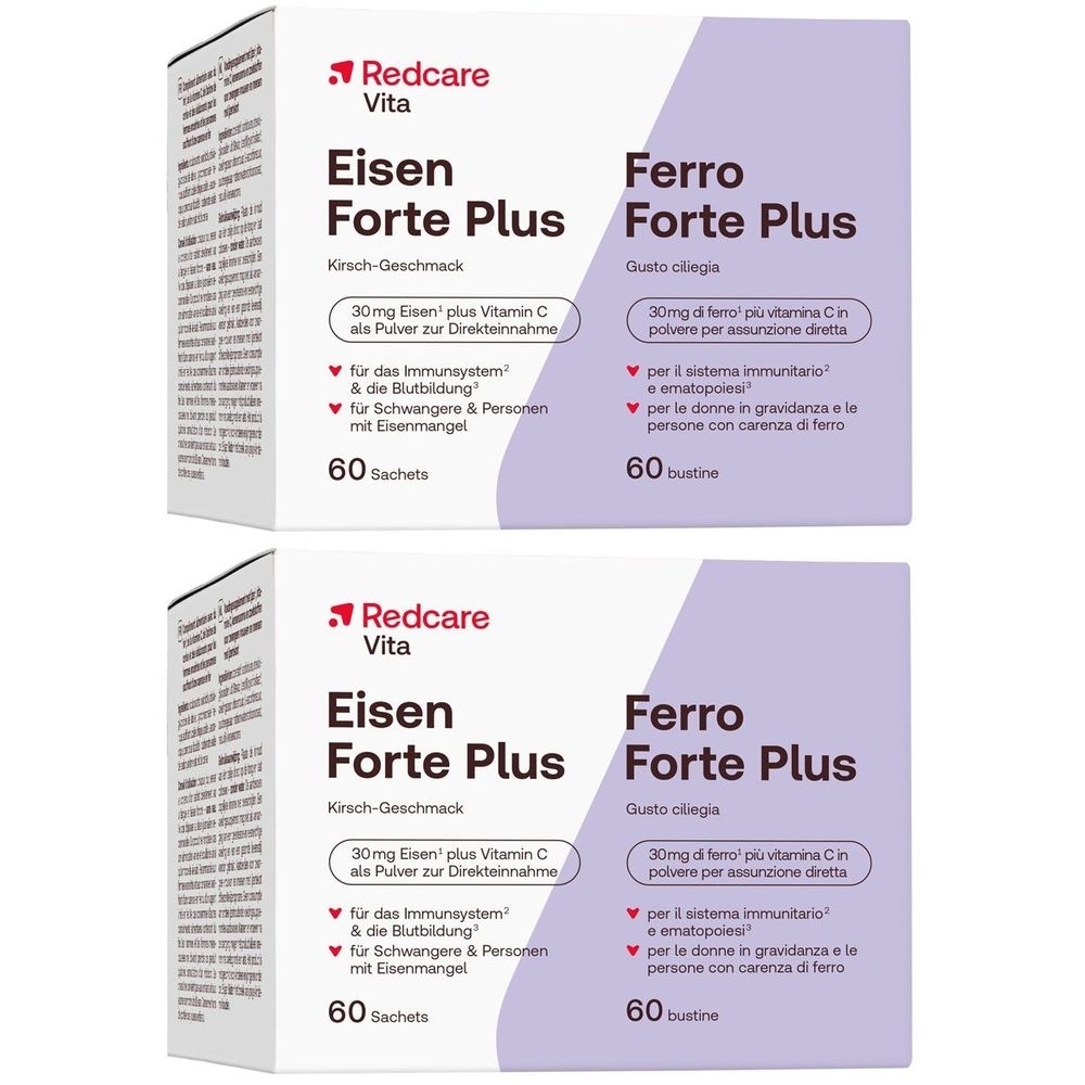 Deux boîtes de Redcare Vita Eisen Forte Plus. Inscription: 60 sachets. Contient du fer et de la vitamine C. Pour le système immunitaire et les femmes enceintes.