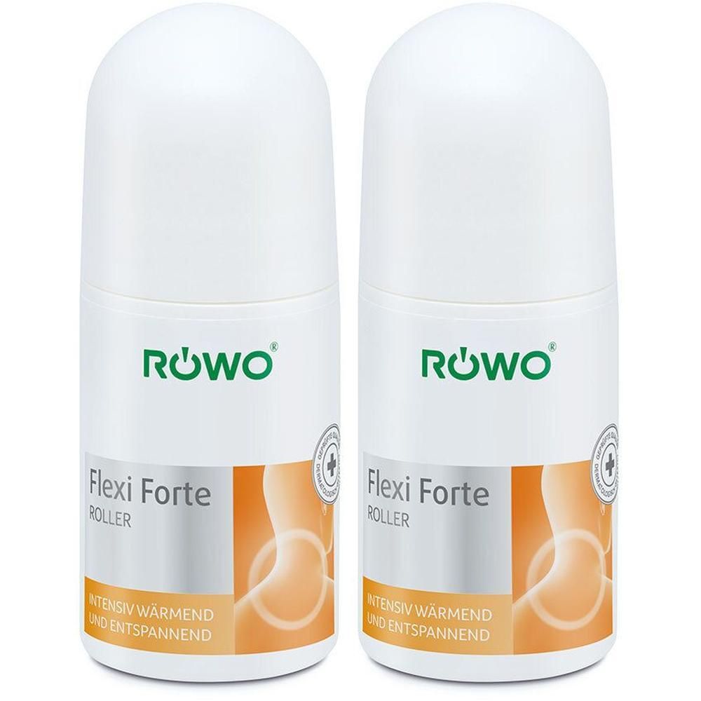 Deux flacons roll-on blancs avec l'inscription "Flexi Forte Roller".