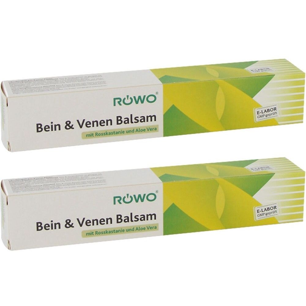 Deux boîtes rectangulaires. Inscription : RÖWO Bein & Venen Balsam avec marron d'Inde et aloe vera. E-LABOR.
