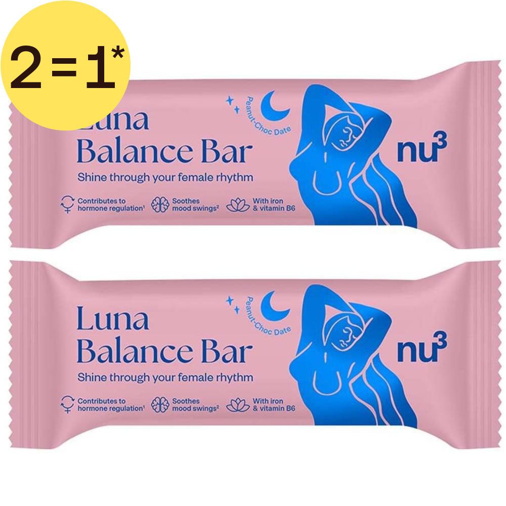 Twee nu3 Luna Balance repen in roze verpakking met blauwe opdruk. Een gele cirkel met "2=1*" is linksboven geplaatst.