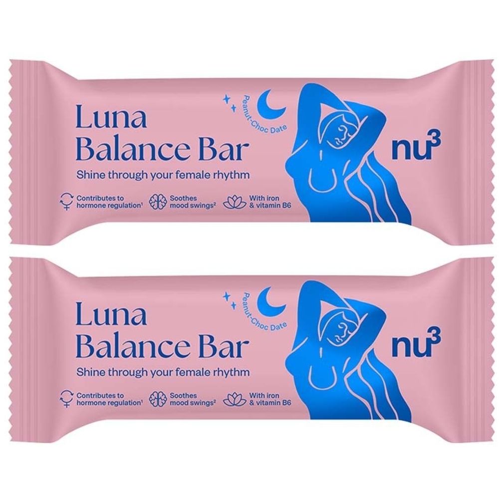 Twee roze repen "Luna Balance Bar". Illustraties: maan, vrouw, nu3-logo. Tekst: "Shine through your female rhythm".