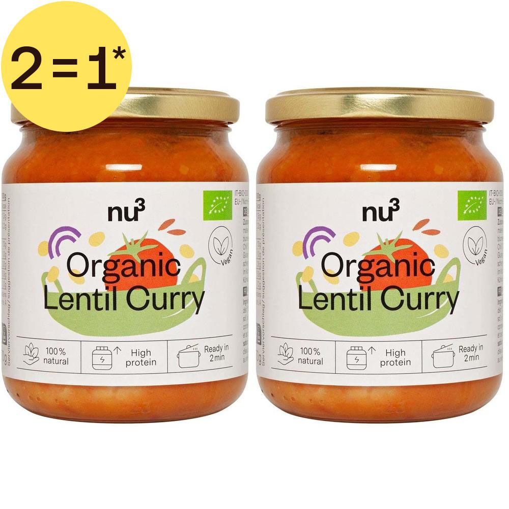 Twee potten nu3 Bio Linzen Curry, één met een "2=1" sticker.