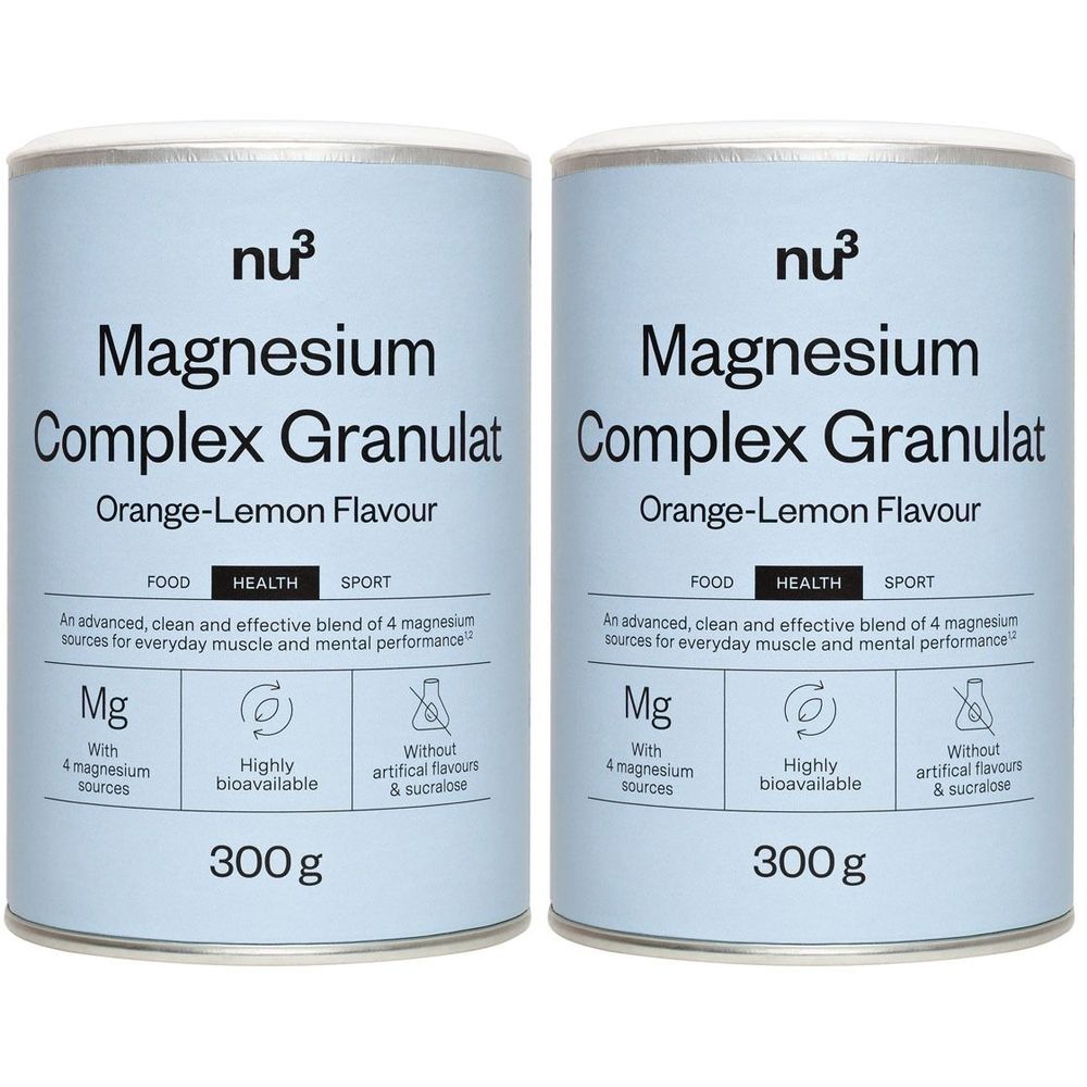 Twee blikken Magnesium Complex Granulat. Opschrift: nu3, Magnesium Complex Granulat, Orange-Lemon Flavour. 300g. Met 4 magnesiumbronnen.