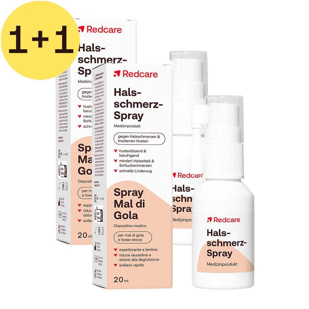 Redcare Halsschmerz-Spray, fles en verpakking. Medisch hulpmiddel tegen keelpijn en droge hoest.