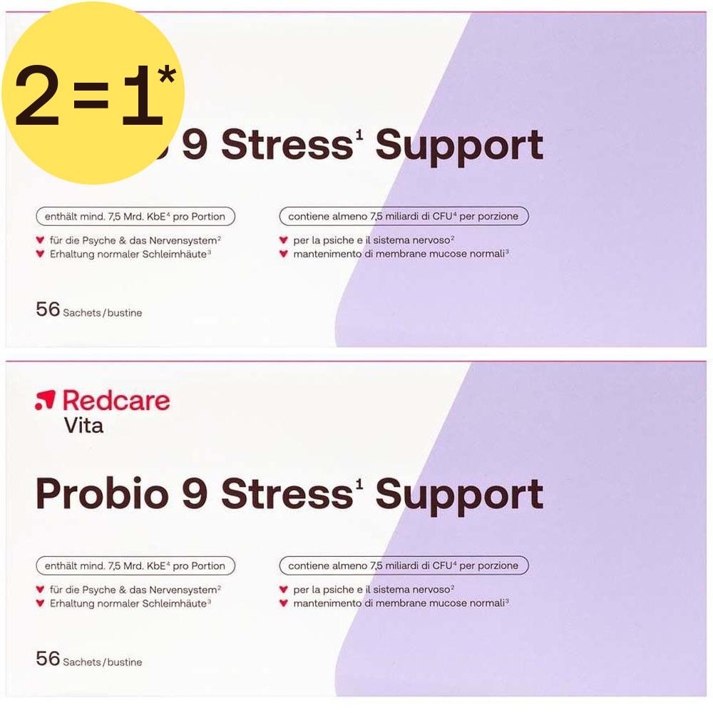 Deux paquets de Redcare Vita Probio 9 Stress Support, 56 sachets, avec offre "2=1".