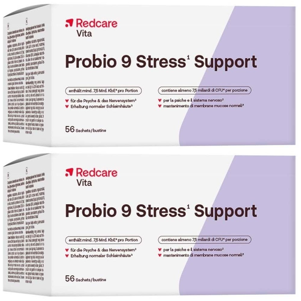 Twee dozen Redcare Vita Probio 9 Stress Support. Witte dozen met productnaam en informatie. 56 sachets.