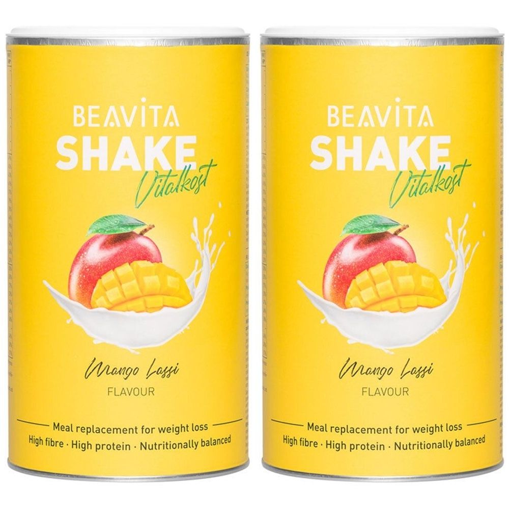 Deux boîtes jaunes BEAVITA SHAKE Vitalkost. Saveur Mango Lassi. Illustration de mangue et de lait.