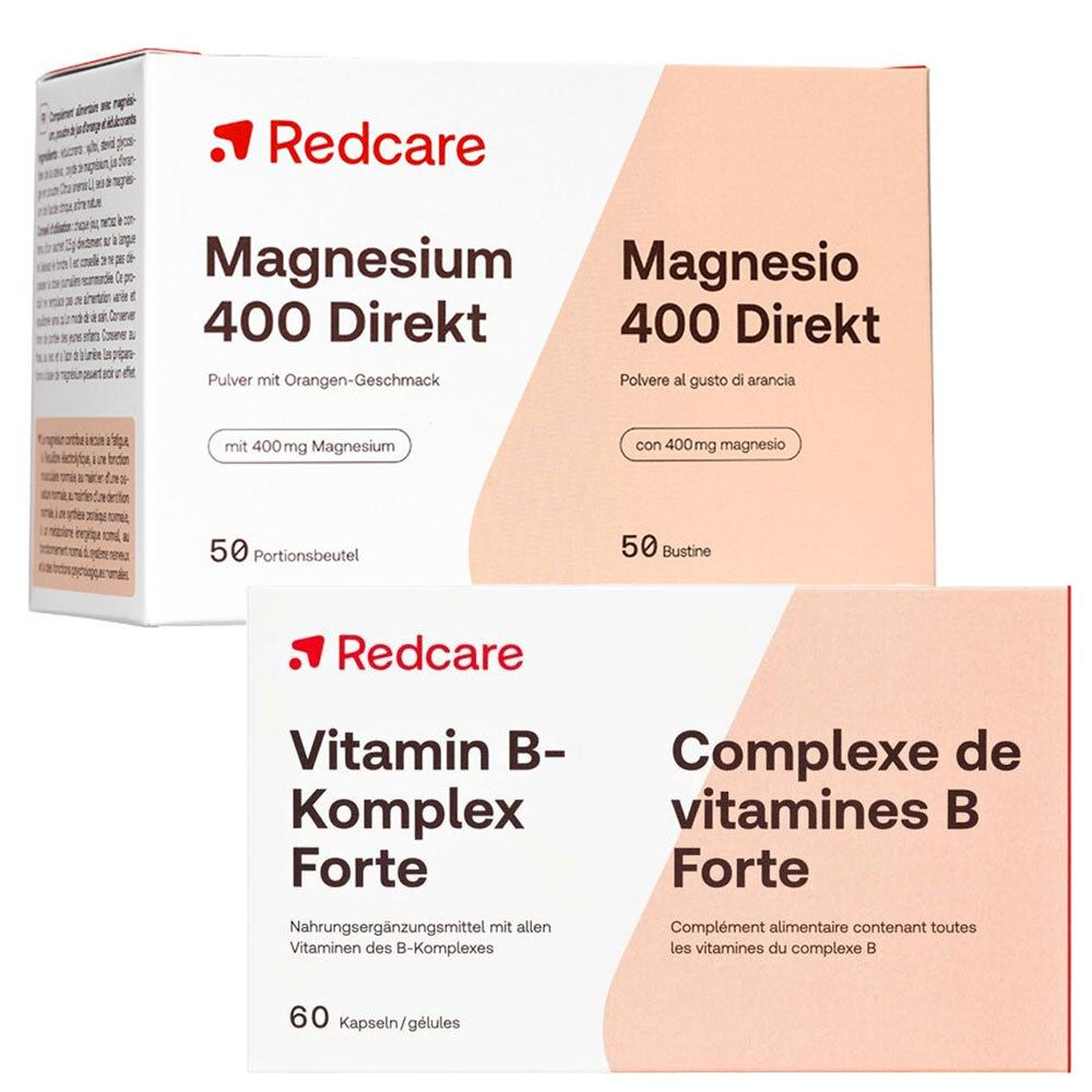 Deux boîtes de produits. En haut: Magnesium 400 Direkt. En bas: Vitamin B-Komplex Forte. Logo Redcare rouge.