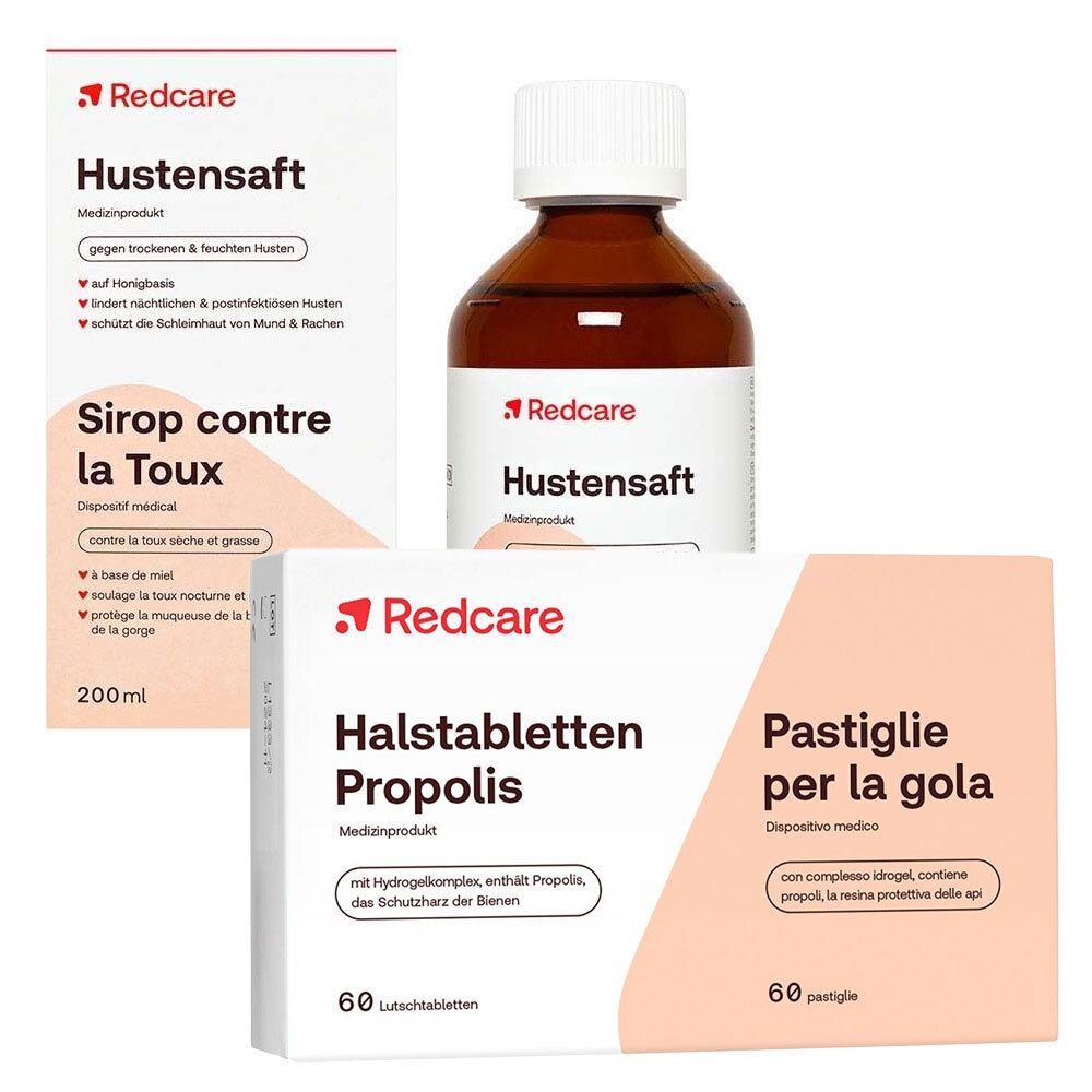 Drie medische producten: hoestsiroop in fles en doos, keelpastilles in doos. Allemaal met het Redcare-logo.